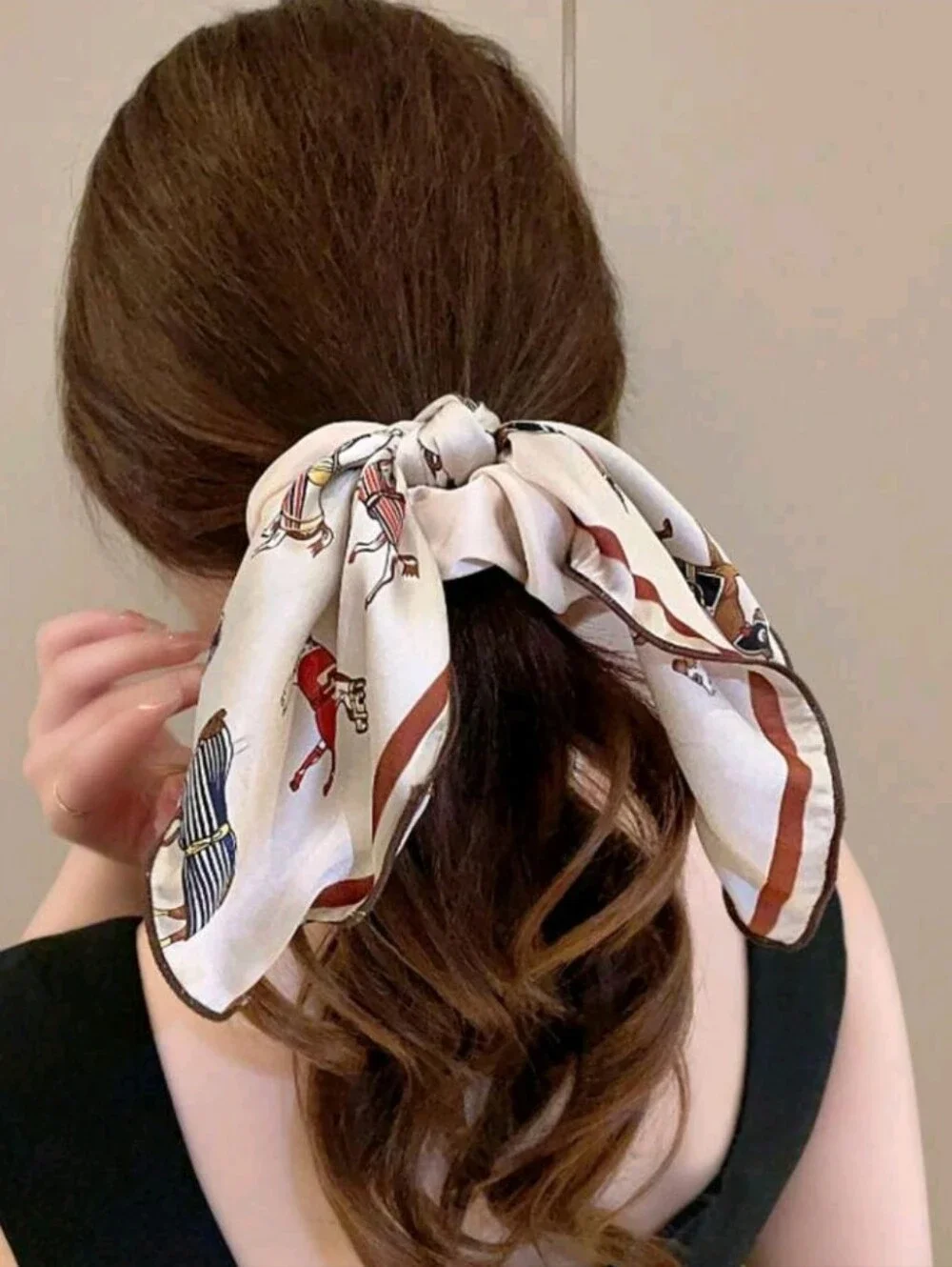 NEW! Classic- Chic Cream Scarf- Scrunchie Hair Bow - Elegant Printed